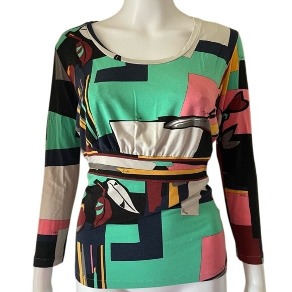 Emilio Pucci‎ All Over Print Boat neck Three-Quarter Sleeve Blouse Top Shirt - S